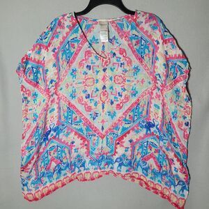 Chicos Kimono Top Womens L/XL Colorful Linen Boho Floral Patchwork Beachy Shirt